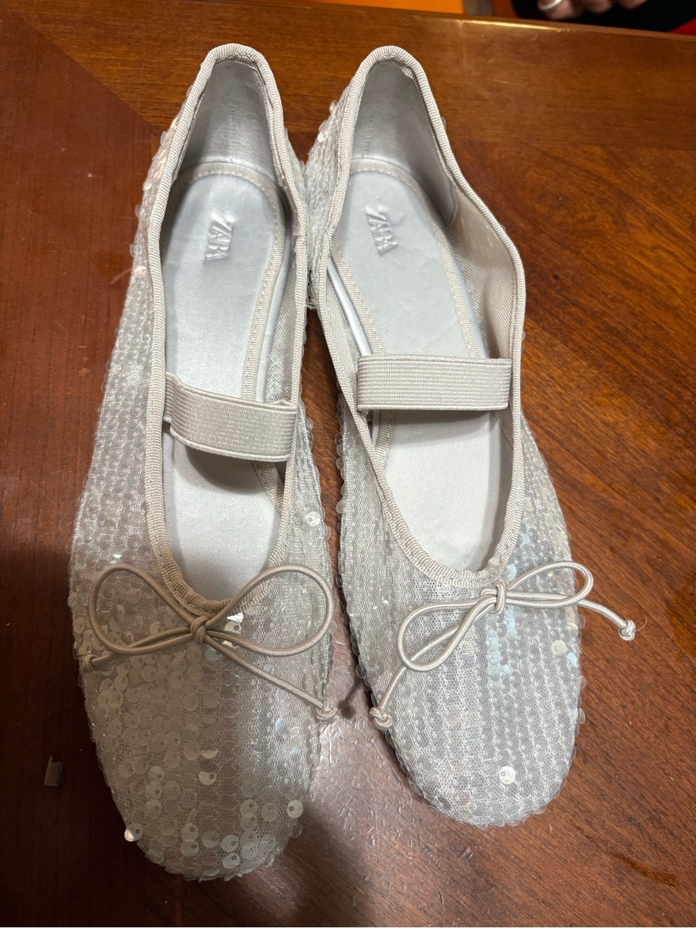 Zara Sequined Ballet Flats in Light Beige with Bow